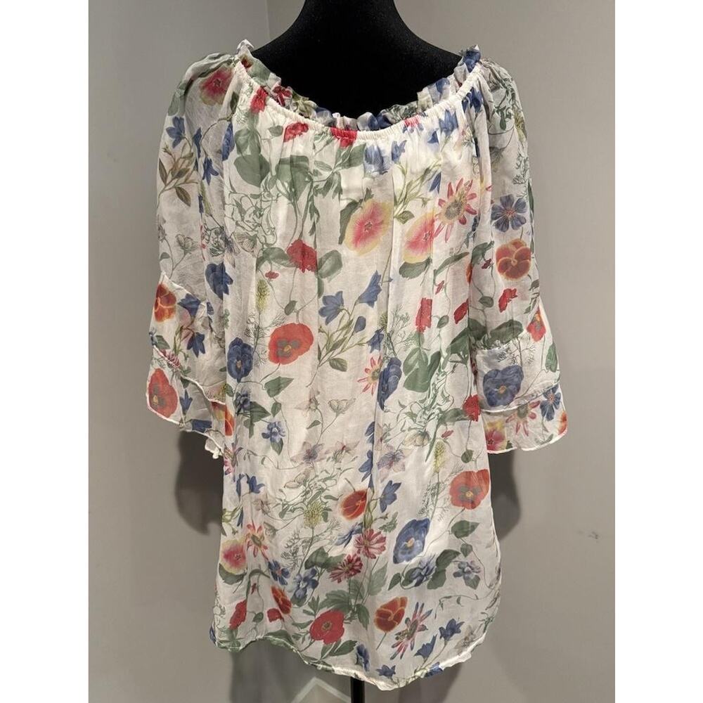 Bellina Tunic Blouse Womens Large Multicolor Floral Silk Off Shoulder Italy